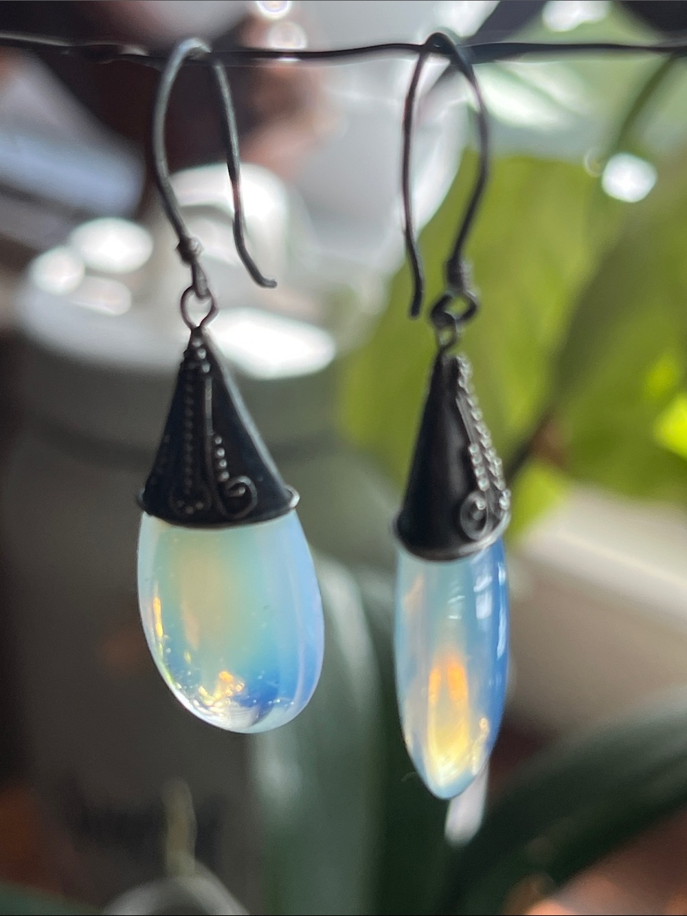 Opalite Teardrop Dangle Earrings - Iridescent White 925 Sterling Silver